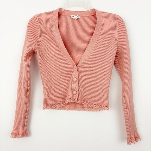 For Love & Lemons Nina Cardigan Size XS Peach Pink Lace Trim Ribbed Button Front - Picture 2 of 10